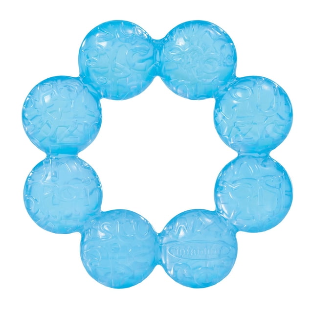 Infantino Llc Infantino Water Teether is a circular ring of eight blue translucent water-filled pods embossed with letters, designed to soothe baby's gums with soft textured surfaces and chill in the fridge for cool teething relief.
