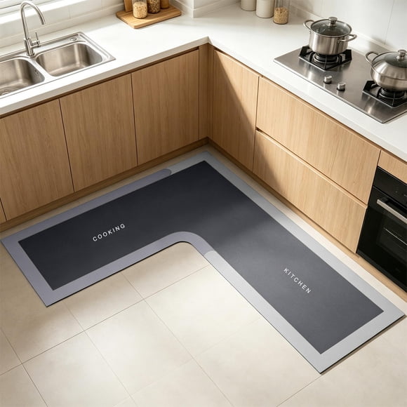 L Shaped Kitchen Mat Velvet Fleece Memory Foam Non Slip Absorbent Rug for Dining and Bath Areas