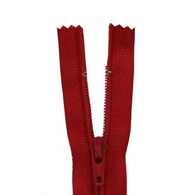 Costumakers General Purpose Zipper 40 cm (15.7), Hot Red, Closed End, close-up front view showing the smooth-gliding #2.5 nylon coil and vibrant hot red fabric tape, suitable for side or back closures in dresses, pants, and skirts.