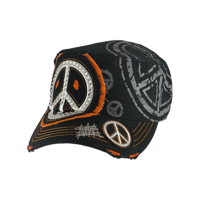 Top Headwear Womens Print Adjustable Cadet Cap - Black/Orange -Peace Sign
