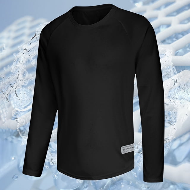 AherBiu men's long sleeve top in black, featuring a crewneck design and crafted from breathable, quick-drying fabric. This athletic shirt offers sun protection and is ideal for outdoor activities. The background highlights water and fabric textures, emphasizing its moisture-wicking properties.