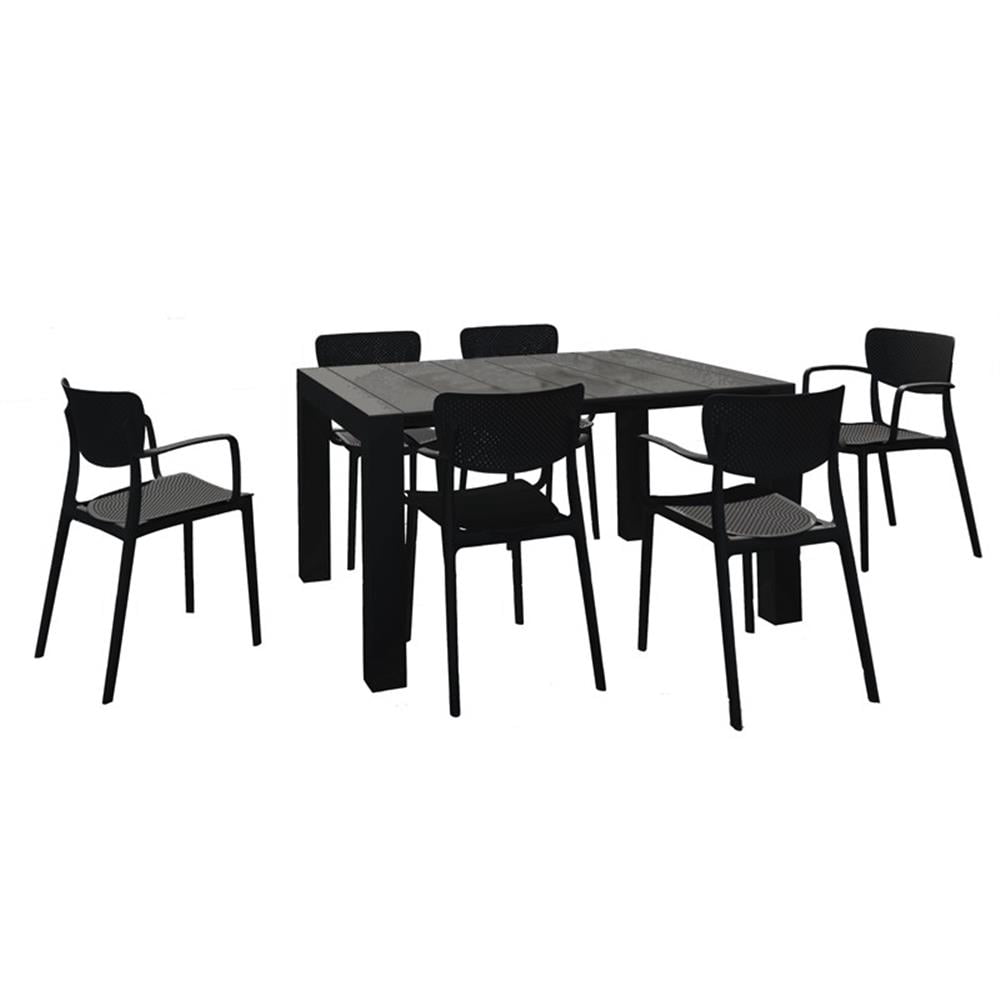Ensemble de Salle à Manger Extérieur Loft avec 6 Chaises à Accoudoirs et Table Extensible de 55 Pouces Noir