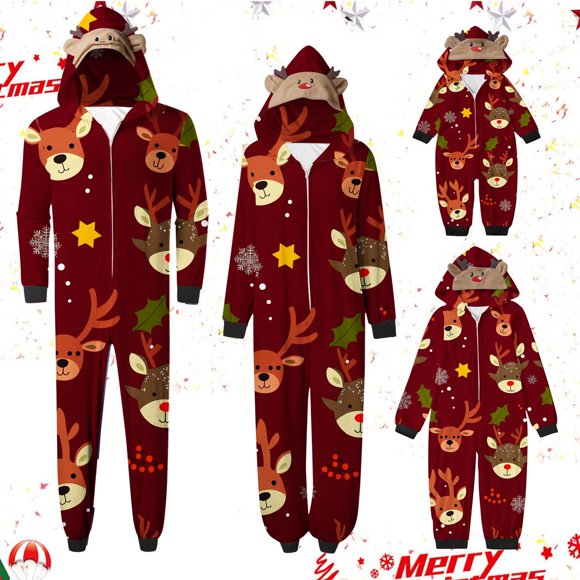 Aboser Family Christmas Onesie Pajamas Matching Sets Cute Xmas Elk Graphic Sleepwear Soft Footless Onesies Merry Christmas Hooded Pajama Matching Set for Family
