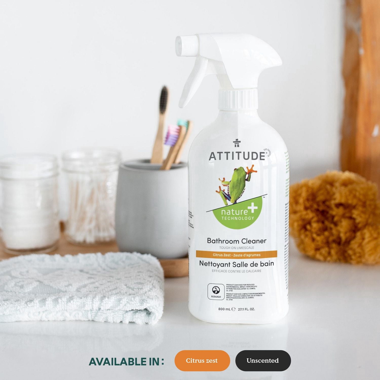 ATTITUDE Nettoyant Douche & Tuiles en Vaporisateur, Nettoyant Naturel, Zeste d'Agrumes, 800ml