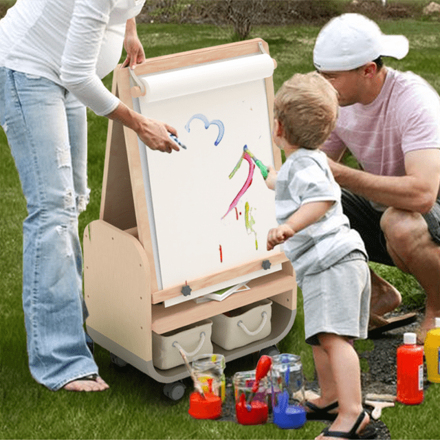 Chevalet Artistique 3-en-1 pour Enfants Chevalet Double Face avec Roues et Sacs de Rangement Hauteur Réglable Chevalet pour Tout-Petits Tableau Noir Magnétique & Tableau Blanc, Gris
