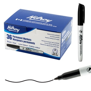 Hilroy Permanent Marqueurs, marqueur permanent, encre à basse odeur, point fin, noir, paquet de 36