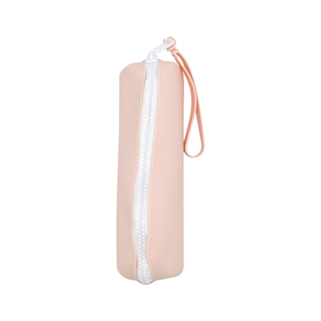 Kcavykas office stationery silicone pencil case in a rectangular shape, shown in a soft pink color with a white zipper and a matching silicone strap. Made of durable, lightweight silicone, it measures approximately 19.3 x 5.5 cm and offers a large capacity for storing pens, pencils, or small items. Suitable for use as a stationery bag, makeup bag, or travel pouch.