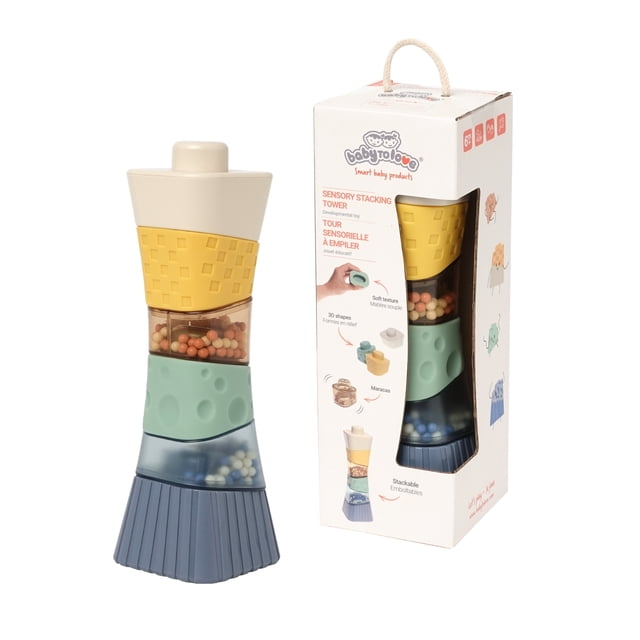 Tour Empilable Sensorielle – Jouet pour Bébé Multi-Texturé pour le Développement Visuel, Auditif et Tactile. le Jouet Présente une Conception Empilable avec des Composants Colorés et Texturés, Incluant des Éléments Souples et Durs. des sections Transparentes Contiennent des Perles Colorées Qui Créent un Son Semblable à la Pluie Lorsqu'on le Secoue. le Jouet Est Exposé à Côté de Son Emballage, Ce Qui Met en Valeur Ses Avantages Développementaux pour la Motricité fine et la stimulation Sensorielle.