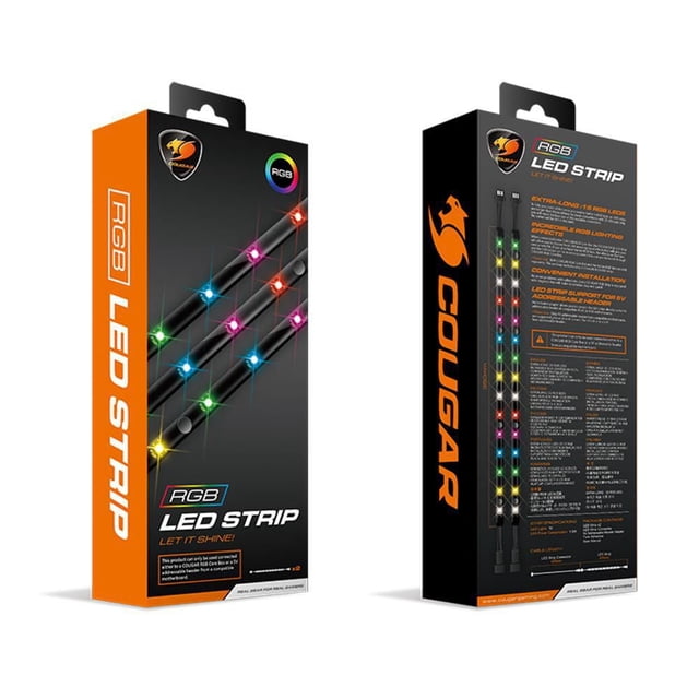 Cougar RGB LED Strip packaging showing two 45 cm LED strips with 15 RGB LEDs each, designed for 5V addressable motherboard headers to enhance PC case lighting, compatible with Cougar CORE box and ASUS or MSI motherboards, featuring black and orange branding.