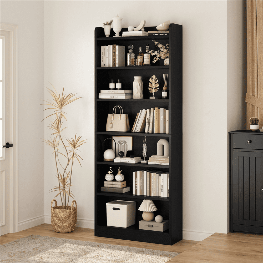 FullFurnique Bibliothèque Haute Simple à 7 Étagères avec Compartiment Ouvert en Haut, Noir