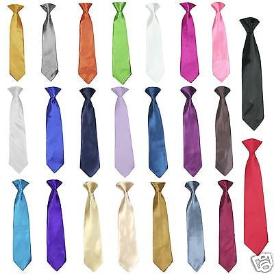 Satin Solid 23 Color Clip on Long tie Necktie for Boys Formal Tuxedo Suits S-20 centered front-facing view of a pre-tied satin clip-on necktie with visible metal clip, smooth satin sheen, tapered silhouette and stitched knot; length 9 inch (Size S) per listing, plain studio background, often used as a quick formal accessory suitable for ring bearer or pageboy outfits.