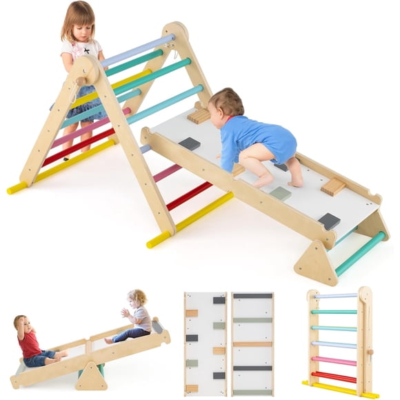 OLAKIDS Ensemble Triangle Pikler 7 en 1 Jouets d'Escalade pour Tout-Petits Pliable Bébé Bois Montessori Gymnase Jungle avec Échelle à Angle Ajustable Balançoire Rampe Aire de Jeux Intérieure