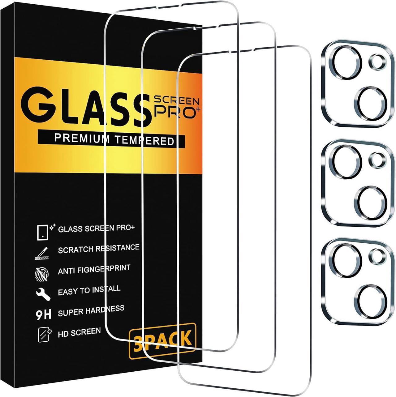 3 Pack Screen Protector for iPhone 14 Pro with 3 Pack Camera Lens Tempered Glass Protector, 6.1 Inch HD Clear Tempered Glass Film 9H Hardness Scratch Resistent, No Air Bubbles