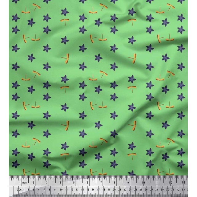 Soimoi Cotton Cambric Fabric Floral & Dragonfly Insects Printed Craft Fabric by the Yard 42 Inch Wide