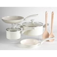 thumbnail image 1 of Martha Stewart Everyday Rexford 8 Piece Aluminum Cookware Set W/ Kitchen Tools - Linen - Ceramic Nonstick - Induction Base - Soft Touch Handle - Forged Aluminum - 2.5 mm - GBX W/ Remailer, 1 of 2