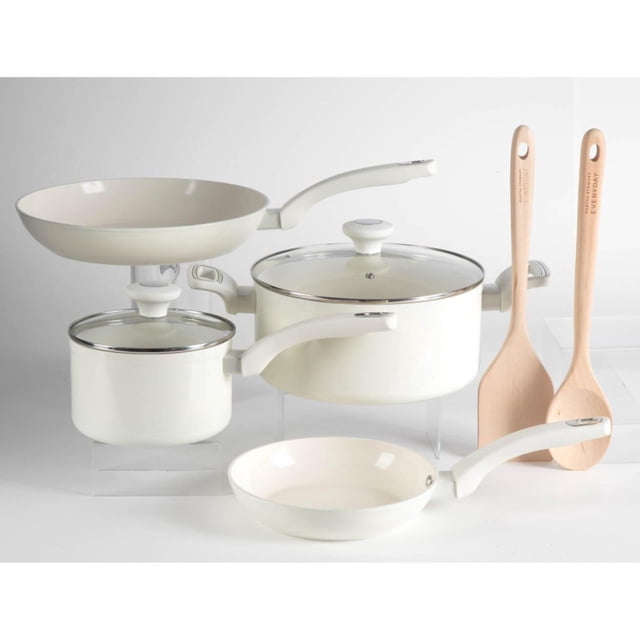 Martha Stewart Everyday Rexford 8 Piece Aluminum Cookware Set with Kitchen Tools in linen colour, featuring ceramic nonstick coating, induction base, soft-touch handles, and forged aluminum construction, includes two lidded pots, two frying pans, and two wooden utensils, suitable for even heat distribution and easy handling.