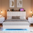 thumbnail image 3 of Bingirl King Floating Bed Frame with LED Lights and Charging Station, Upholstered Platform Bed with Storage Headboard, Wood Slats Support, No Box Spring Needed, Easy to Assemble, White, 3 of 8