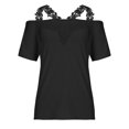 thumbnail image 4 of LSLJS Women's Off Shoulder Lace T Shirts Summer V-Neck Casual Patchwork Solid Short Sleeve Shirt Tops, 4 of 9