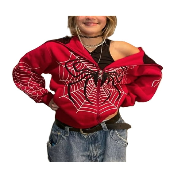 Women Hoodie Casual Sweatshirt Spider Web Print Long Sleeve Zip Up Jacket Streetwear
