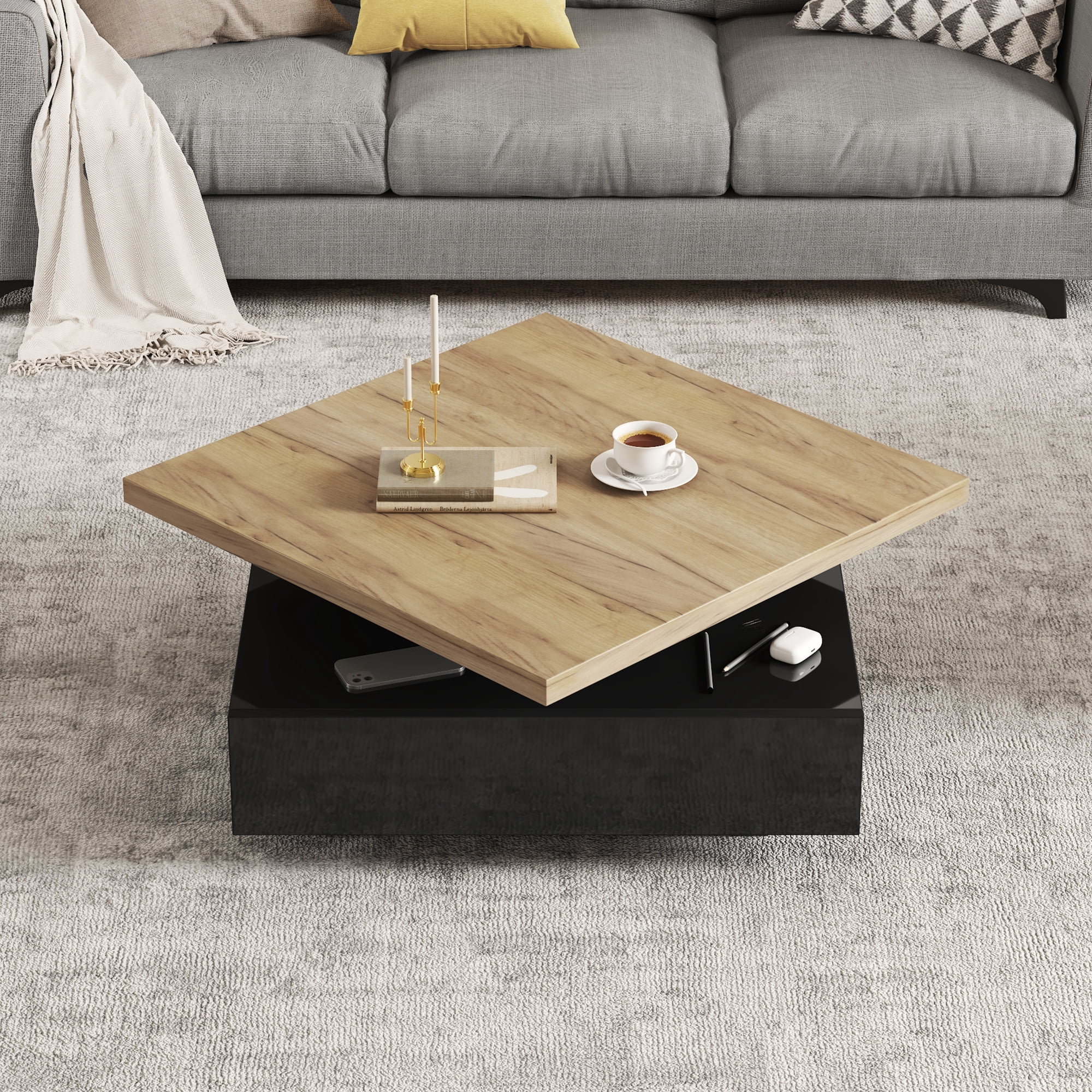 Table basse carrée pivotante Noble House, plateau brillant pivotant à 360°, noire