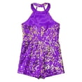 thumbnail image 3 of Yanarno Combinaison Short de Danse pour Filles, Col Licou, Paillettes, Fête de Noël, Rumba Samba, Violet, 8, 3 of 5