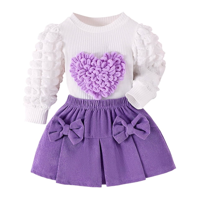 Sunnyoo Girls Outfits Heart Print Long Sleeve Pullover Top & Pleated Two Piece Set