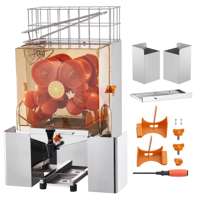 KFFKFF Professional Citrus Juicer, a commercial centrifugal juicer with a 120W motor, crafted from stainless steel and polycarbonate. Features include a transparent protective lid, removable filter, large orange storage basket, and automatic peeling and filtering technology. Processes up to 20 oranges per minute. Includes peelers, screws, and a screwdriver for maintenance.