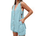 thumbnail image 4 of Mikilon Womens Stylish Outfit 2 Piece Set Casual Sleeveless V-Neck Button Down Tank Top and Shorts Two Piece Set Casual Sleeveless V-Button and Shorts Two-Piece Set Light Blue L, 4 of 8
