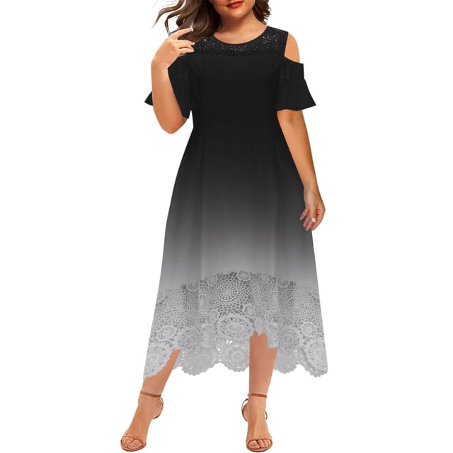 FAVIPT Robes pour Femmes Été Décontractées Grande Taille Coupe Ample Robes en Dentelle Manches Courtes Col Rond Robe Patchwork à Volants Robes Élégantes 2025 Noir,TTTTG