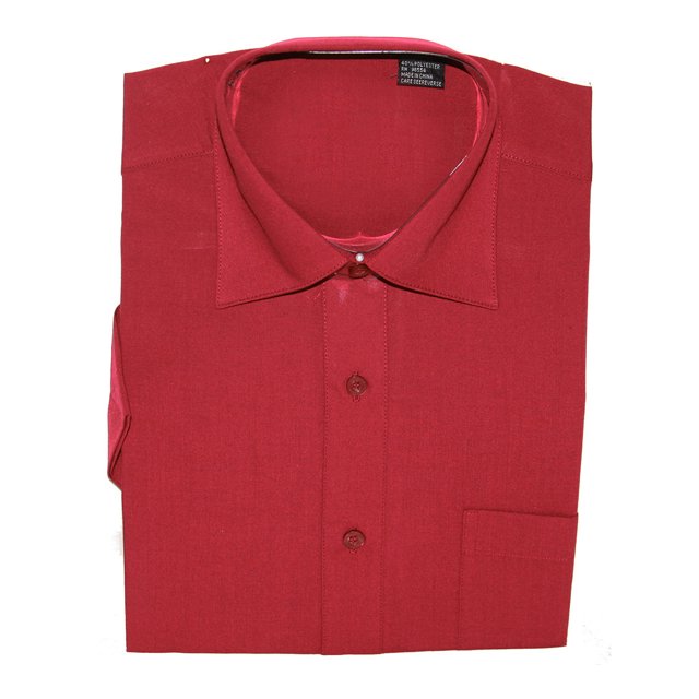 Gravity Threads Mens Dress Shirt Short Sleeve, Large Red. This Omega brand button-up shirt features a short sleeve design, crafted from a blend of 60% cotton and 40% polyester. The shirt is displayed folded, showcasing its vibrant red color, pointed collar, and front button closure.