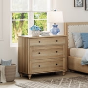 WAMPAT Farmhouse Nightstand, 3-Drawer Wood Bedside Table, Wide Sofa Side Table for Bedroom, Living Room, Natural Oak, 34 Inch