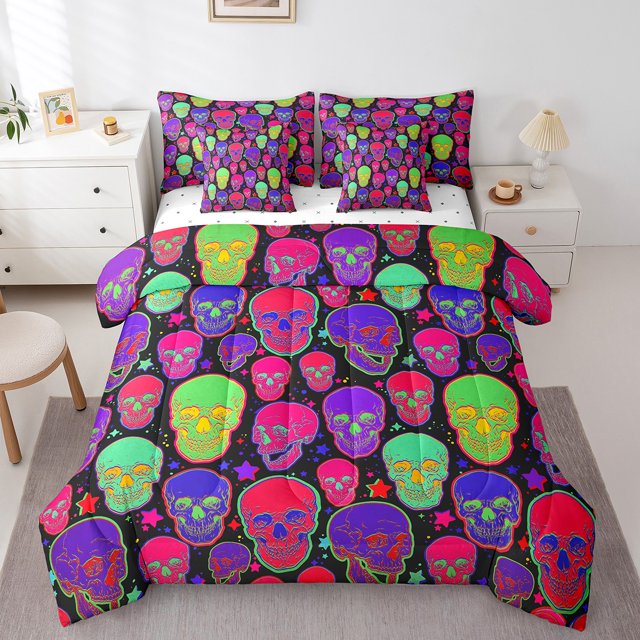 YST Ensemble de Douillette Tête de Mort Néon, Literie Tête de Squelette Colorée, Polyester, Format Double (7 Pcs)
