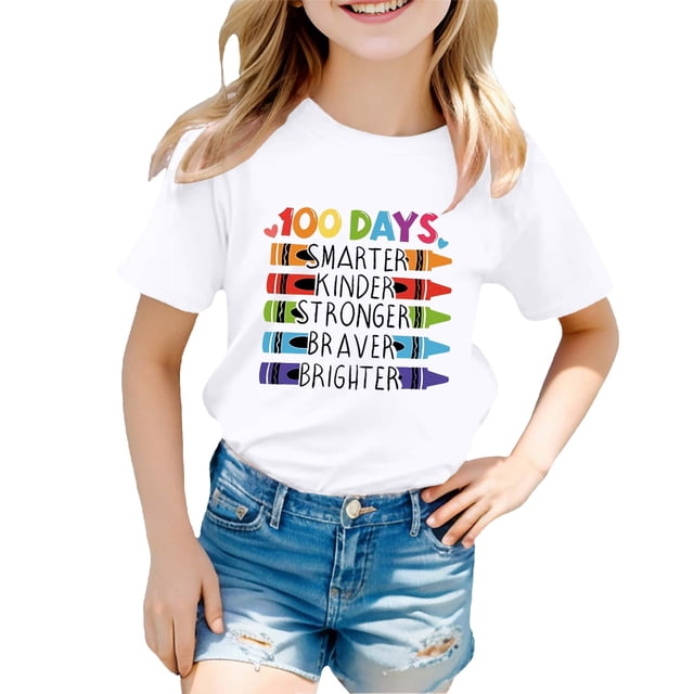 LUOGENLI T-Shirt pour Filles Enfants Mode Décontractée Imprimé Col Rond Manches Courtes T-Shirt Haut Chemises pour Filles Tendance Été Blanc 12-13 Ans