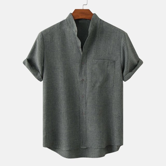 Babysbule Mens Shirts Clearance Men's Round Neck Pocket Button Solid Cotton Linen Short Sleeve Shirt