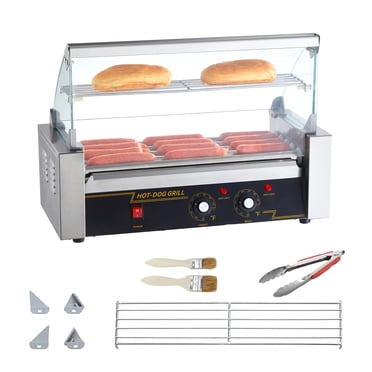 KFFKFF Sausage Grill Machine with 5 Rollers, Capable of Cooking 12 Hot Dogs, 750W Stainless Steel, Dual Temperature Control, Glass Canopy, Acrylic Lid, Bun Heating Rack, Detachable Grease Catcher