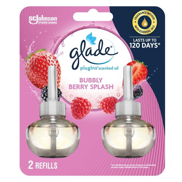 Glade Plugins® Air Freshener Oil Refill, Bubbly Berry Splash, showing two clear round oil refill bottles with white caps on a pink and navy blue card with images of strawberries, raspberries, and blackberries, designed as a scented oil air freshener refill lasting up to 120 days, infused with essential oils, and compatible with Glade plug-in warmers.