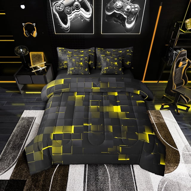 YST Abstract Geometric King Comforter Set 7 Pcs Abstract Black Yellow Check Bedding Set Stereoscopic Grid Plaid Bed in a bag Glowing Neon Light Square Bed Set With Sheets