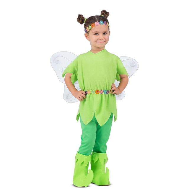 Child's Tinker Bell Costume-sizes 3-4 and 5-6 Years featuring a front-facing child wearing a green fairy tunic with jagged hem, green leggings, and boot covers shaped like curled shoes. The costume includes white translucent wings with swirl details, a colorful flower belt, and a floral headband. Suitable for Halloween, cosplay, themed parties, or everyday dress-up.