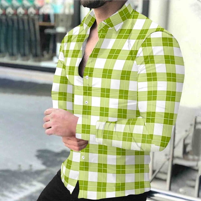Timdgard Button down Shirts for Men Fall Plaid Lapel V Neck Long Sleeve Shirts Work Casual Tops