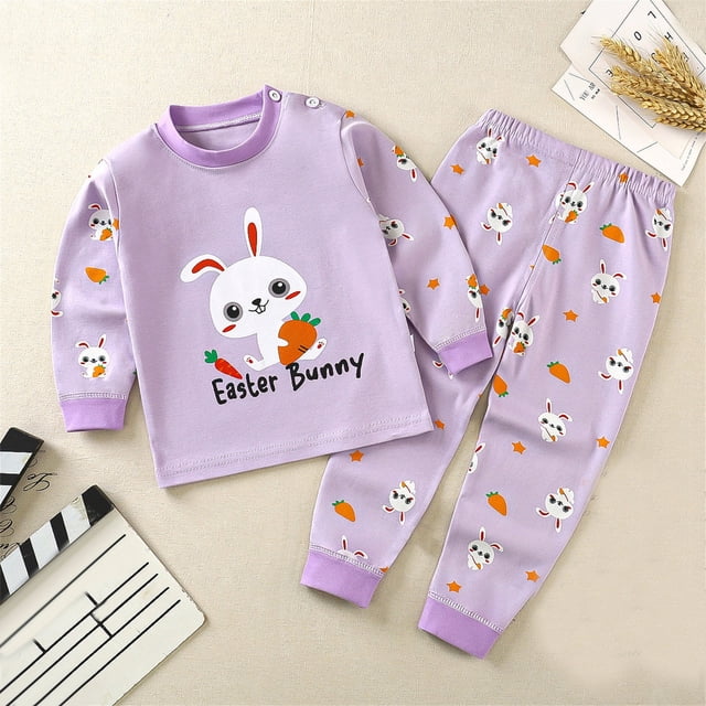 LSLJS Toddler Baby Kids Winter Pajama Set Boys Girls Solid Color Rabbit Print Long Sleeve Sweatshirt Top Pants Home Wear Clothes Suit