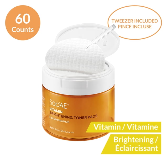 Soo'AE Vitamin Brightening Toner Pads in amber jar with white lid, open to show textured white pads and included clear tweezer, containing 60 pads with vitamins and niacinamide to brighten and even skin tone, ideal for facial skincare.