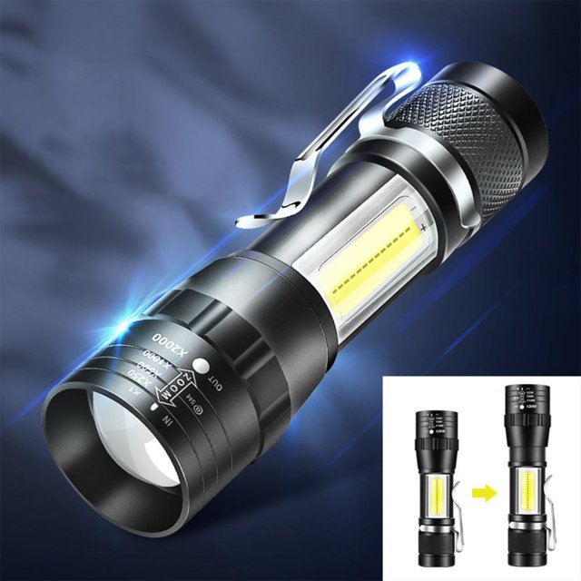 Feltree LED Flashlight, 1000 Lumens Super Bright Flashlight with a black ABS body, zoomable lens, and a pocket clip. Features include 4 lighting modes (low, high, strobe, and off), a rechargeable 1600mAh battery, and IPX6 waterproof rating for use in harsh conditions. Compact design with dimensions of 9.3×2.5×2.5cm, suitable for emergency preparedness and outdoor activities.