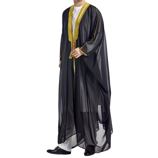 Manteaux pour Hommes Robe Musulmane pour Hommes Robe Arabe Mi-Longue Style Longue Chemise Longue Brodée Robe Décontractée Surplomb. une Robe Noire de Style Abaya Traditionnel avec Garniture Brodée Dorée, Manches Longues et Coupe Ample. Faite de Matériau en Coton Respirant, Convient au Printemps, à l'Été et à l'Hiver. Idéal pour les Loisirs Quotidiens, le Mode Urbaine Ou les occasions de Travail.