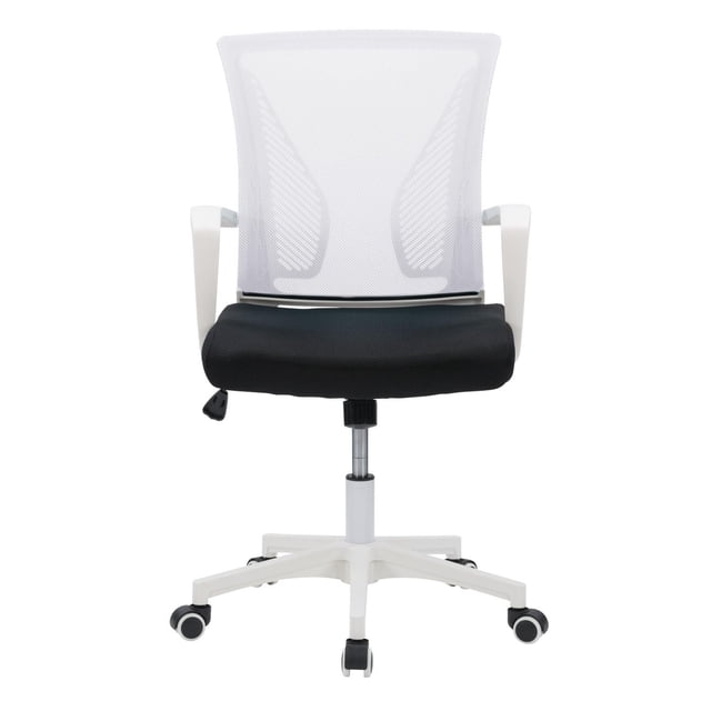 CORLIVING white office chair with ergonomic lumbar support, breathable white mesh back, black padded seat, adjustable height, white armrests, and a five-star wheeled base for smooth mobility, suitable for home or professional office use.