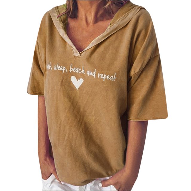 Mode Femme Décontractée Manches Courtes Col en V Imprimé Lettre T-Shirt Blouse