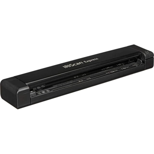 I.R.I.S Express 4 USB Portable Scanner shown in a 3/4 profile view with a compact black rectangular body and IRIScan Express logo, USB-powered for mobile use, enabling fast single sheet-fed color or black-and-white scanning, suitable for digitizing documents and business cards.