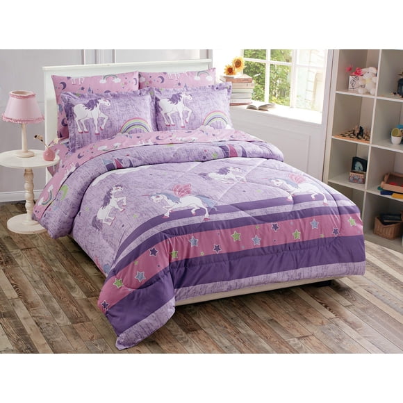 Better Home Style Purple Pink Unicorn Printed Fun Design 3 Piece Comforter Bedding Set with Stars and Rainbows for Girls/Kids/Toddler Bed in a Bag with Fitted Sheet # Unicorn Castle Lavender (Toddler