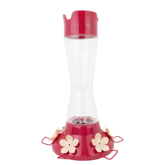 Perky-Pet Top-Fill Favored Pinch-Waist Glass Hummingbird Feeder – 20 oz with clear glass body and red base featuring six beige flower-shaped feeding ports with removable perches, wide-mouth top-fill design, built-in ant moat, and bee guards to protect nectar.