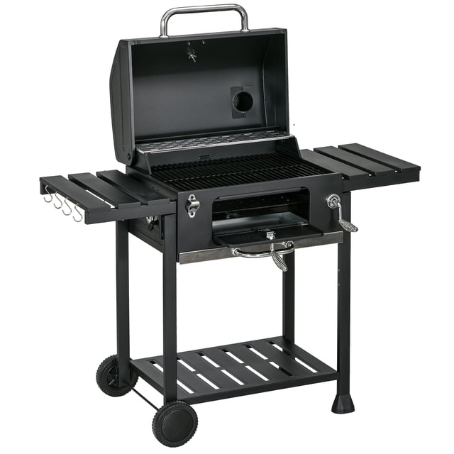 CoSoTower Charcoal BBQ Grill Smoker with Adjustable Charcoal Pan and Galvanised Steel Shell, Barbecue Grill Trolley with Storage