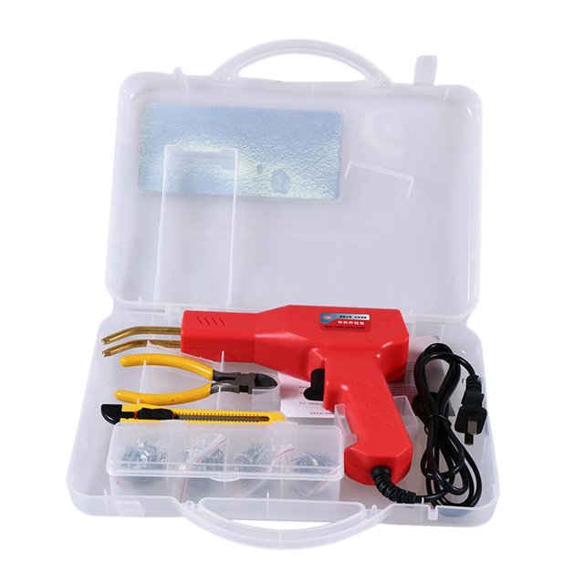50W Hot Stapler with adjustable temperature, featuring a red stapler tool, yellow pliers, a utility knife, and various types of hot flat staples. The set is neatly organized in a transparent plastic carry case with compartments for accessories. Includes US plug, 110V power, and 50 pieces each of flat, outside corner, inside corner, and standard staples, along with an English instruction manual.